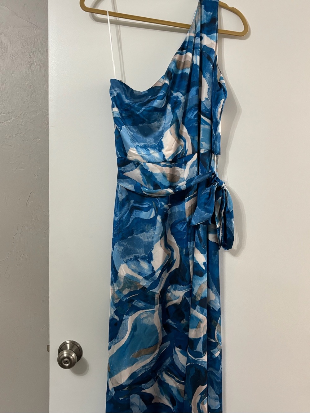 Nicole Miller Blue and White One-Shoulder Abstract Print Maxi Dress